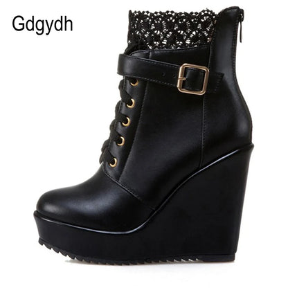 Gdgydh – Bottines compensées noires à lacets pour femme, chaussures de mariée, style gothique et punk