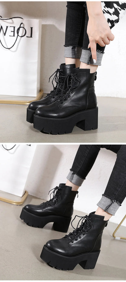 Gdgydh 2022 Bottines pour femmes en gros, bout rond, matériau souple EVA, à lacets, bottes courtes pour femmes, chaussures à plateforme épaisse, noires