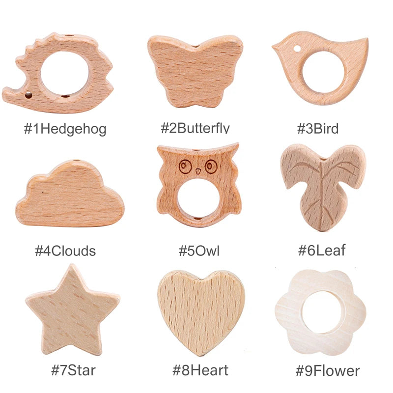 10PC Baby Wooden Teether Animal Beads Beech Rodent Star DIY Pacifier Chain Teething Bracelet Accessories Montessori Newborn Gift