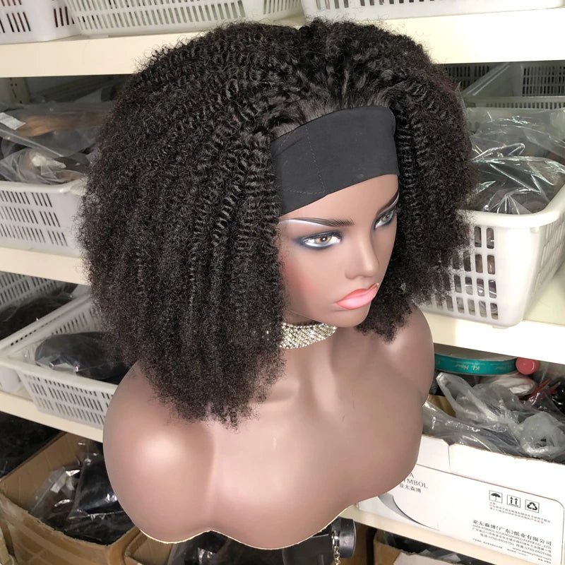Headband Wig Afro Kinky Curly Wig Human Hair Short Curly Density 250% Full Human Hair Wig With Headband Brazilian Remy