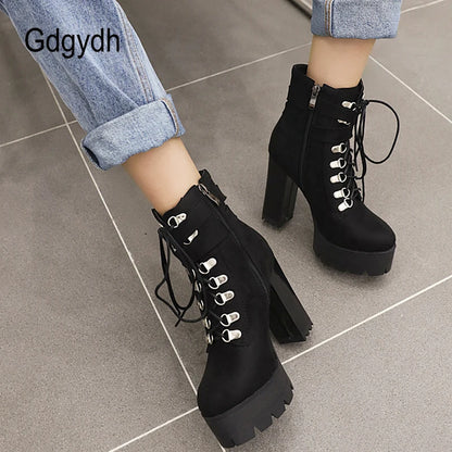 Gdgydh Bottines à boucle de ceinture et talons hauts plateformes, chaussures croisées pour le bureau, bottes d'automne pour femme, style urbain, fermeture éclair, grande taille