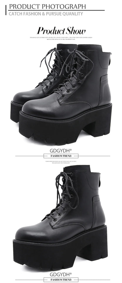 Gdgydh 2022 Bottines pour femmes en gros, bout rond, matériau souple EVA, à lacets, bottes courtes pour femmes, chaussures à plateforme épaisse, noires