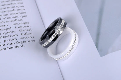 JeeMango Classic White & Black Ceramics Rings Jewelry Clay Rhinestones Wedding Engagement Rings For Women Anneaux Halka JR18145