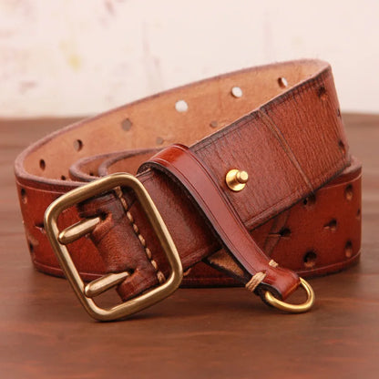 Double-pin Copper Buckle Men's Luxury Fashion Belt Retro First Layer Pure Cowhide Jeans with Genuine Leather Stylish Men's Belts