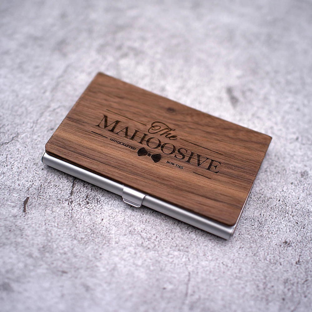 Personalized Wooden Business Card Holder - Custom Logo Wood & Metal Case for Men and Women - Perfect Gift