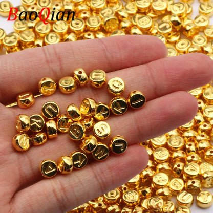 Perles plates en acrylique avec lettres de l'alphabet dorées pour la fabrication de bijoux faits à la main, bracelets à breloques, colliers et accessoires