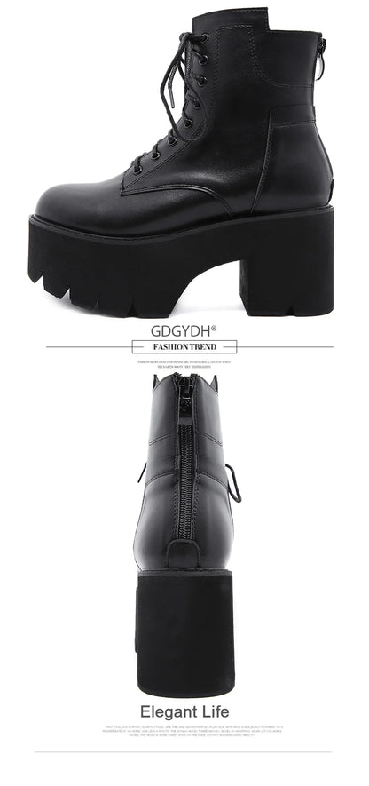 Gdgydh 2022 Bottines pour femmes en gros, bout rond, matériau souple EVA, à lacets, bottes courtes pour femmes, chaussures à plateforme épaisse, noires