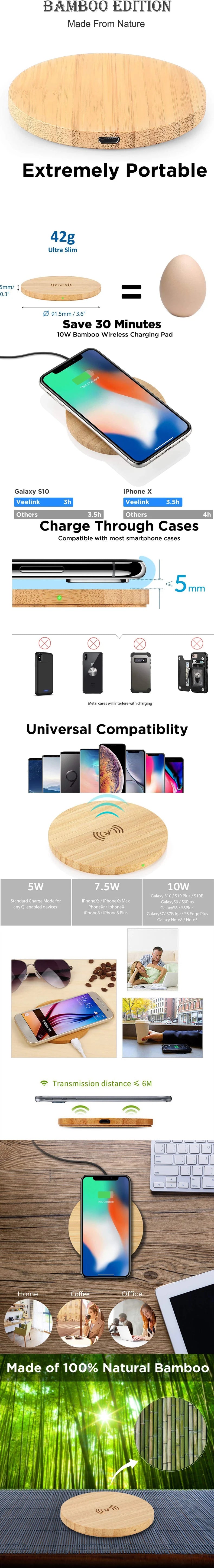 Bamboo Wood 15W Qi Wireless Charger USB C Fast Charging Pad For iPhone 15 14 13 12 Pro Max 11 XS Max X XR 8 Plus Samsung Galaxy