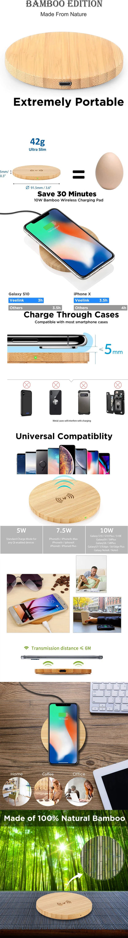 Bamboo Wood 15W Qi Wireless Charger USB C Fast Charging Pad For iPhone 15 14 13 12 Pro Max 11 XS Max X XR 8 Plus Samsung Galaxy