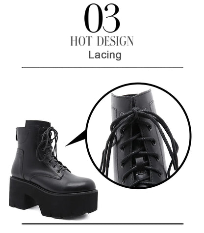 Gdgydh 2022 Bottines pour femmes en gros, bout rond, matériau souple EVA, à lacets, bottes courtes pour femmes, chaussures à plateforme épaisse, noires