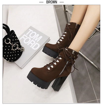 Gdgydh Bottines à boucle de ceinture et talons hauts plateformes, chaussures croisées pour le bureau, bottes d'automne pour femme, style urbain, fermeture éclair, grande taille