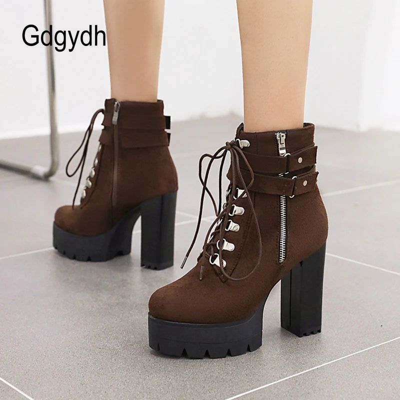 Gdgydh Bottines à boucle de ceinture et talons hauts plateformes, chaussures croisées pour le bureau, bottes d'automne pour femme, style urbain, fermeture éclair, grande taille