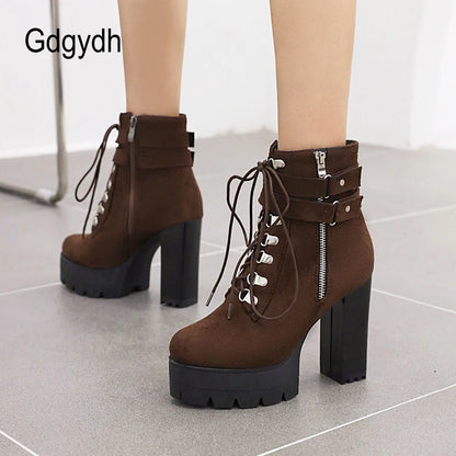 Gdgydh Bottines à boucle de ceinture et talons hauts plateformes, chaussures croisées pour le bureau, bottes d'automne pour femme, style urbain, fermeture éclair, grande taille