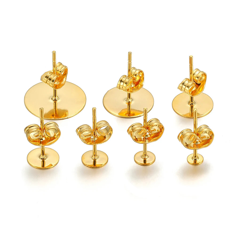 50-100pcs Stainless Steel Water Gold Earrings Studs Base Blank Post Pins Earring Plug Ear Back Findings for DIY Jewelry Making