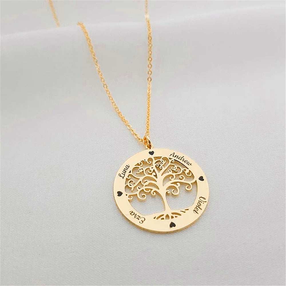 Custom Family Names Necklace Stainless Steel Personalized Name Pendant Tree Of Life 1-5 Names Birthstone For Women Birthday Gift