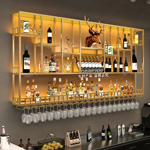 Customized: bar counter wine cabinet against the wall, hanging shelves, industrial style bar, wrought iron display stand,