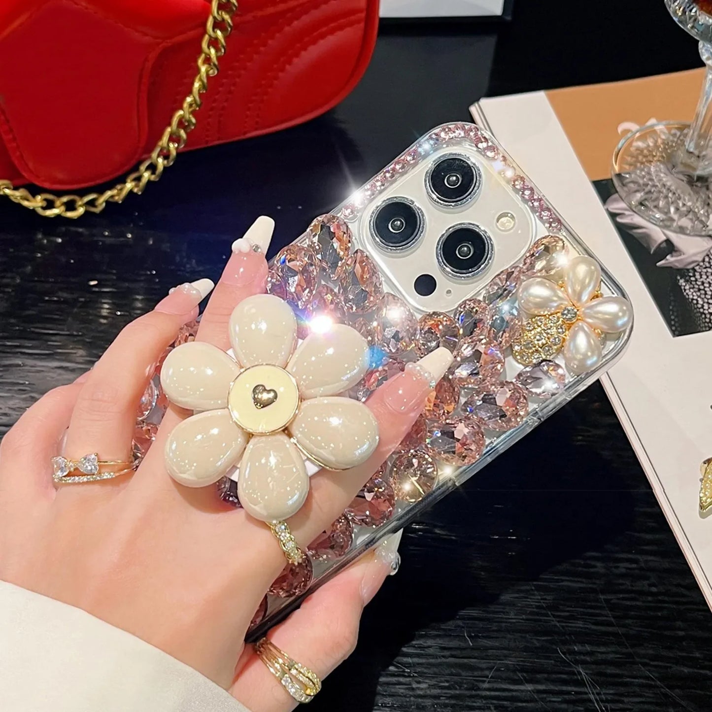 Sparkling Flower Pearl Water Diamond Phone Case Suitable For iPhone 15 14 13 12 11 Pro Max XR XS X 7 8 Plus Set