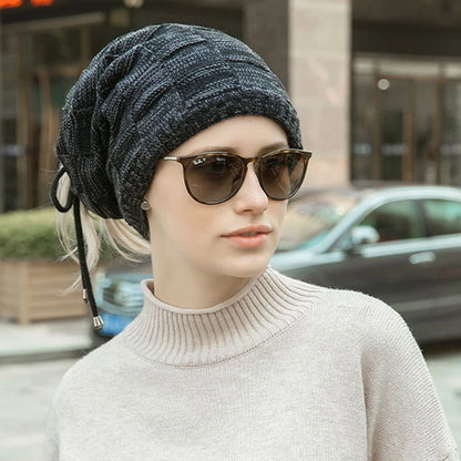 Bonnet tricoté chaud pour homme et femme, bonnet à pompon, bandana, cordon de serrage, écharpe, épais, chaud et doux, tête et cou