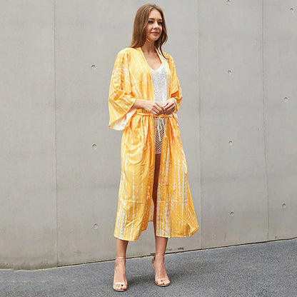 2023 Women Swimsuit Pareo Beachwear Boho Striped Print with Belt Short Sleeve Tunic Cardigan Summer Sexy Kimono Bikini Cover Up
