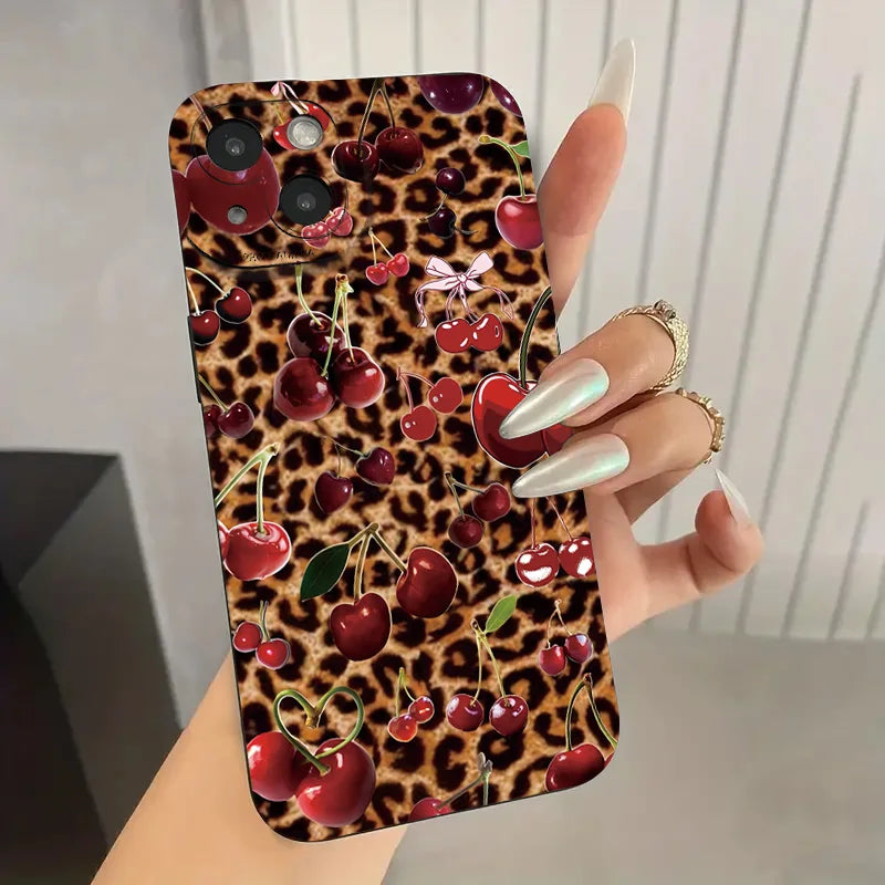 Leopard Cherry Pattern TPU Phone Case For iPhone 16 Cases iPhone 15 14 13 12 11 Pro Max XS X XR 7 8 Plus SE2 Soft Silicone Cover