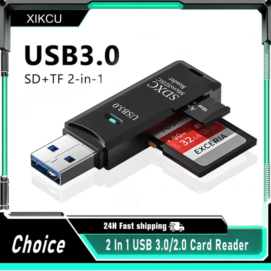 Lecteur de cartes multifonction 2 en 1 USB 3.0/2.0 haute vitesse, compatible avec cartes TF et SD, pour ordinateur, tablette, appareil photo, ordinateur portable, voiture