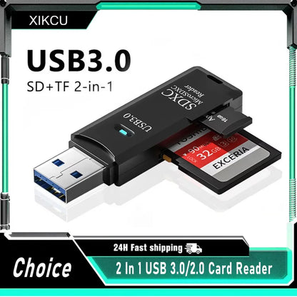 Lecteur de cartes multifonction 2 en 1 USB 3.0/2.0 haute vitesse, compatible avec cartes TF et SD, pour ordinateur, tablette, appareil photo, ordinateur portable, voiture