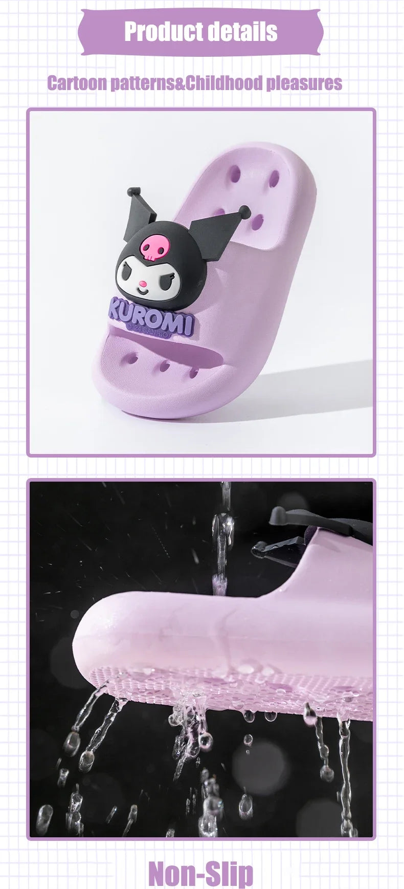 Sanrio Kuromi Sandales d'été mignonnes pour enfants, pantoufles souples d'intérieur et d'extérieur, séchage rapide, semelle antidérapante, dessin animé, cadeau pour filles et garçons