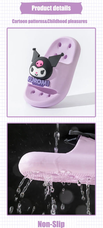 Sanrio Kuromi Sandales d'été mignonnes pour enfants, pantoufles souples d'intérieur et d'extérieur, séchage rapide, semelle antidérapante, dessin animé, cadeau pour filles et garçons