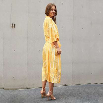 2023 Women Swimsuit Pareo Beachwear Boho Striped Print with Belt Short Sleeve Tunic Cardigan Summer Sexy Kimono Bikini Cover Up