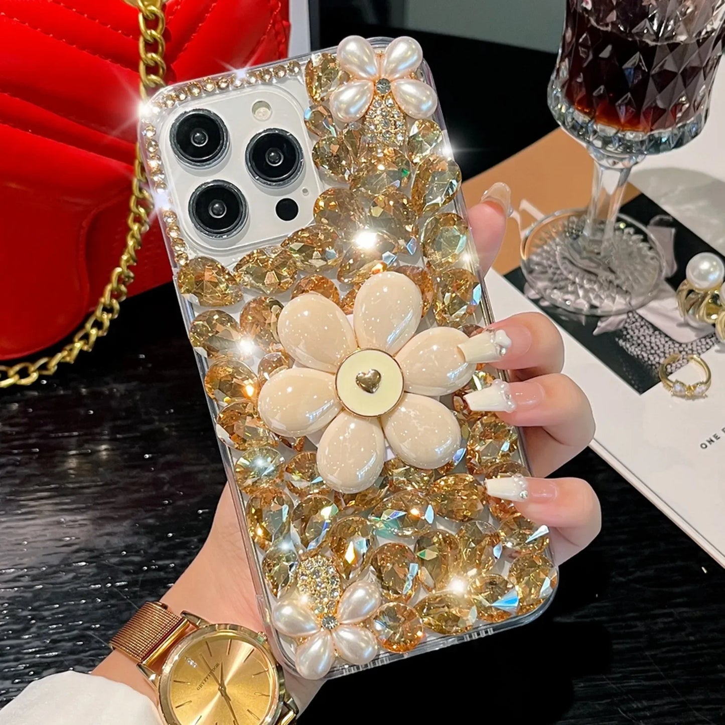 Sparkling Flower Pearl Water Diamond Phone Case Suitable For iPhone 15 14 13 12 11 Pro Max XR XS X 7 8 Plus Set