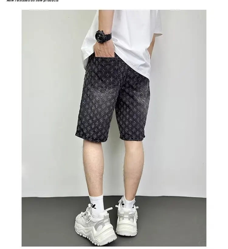 Ccowboy Shorts Men's Summer Workwear Pants Loose Straight Leg Mid Length Pants Elastic Waist American High Street Trendy Shorts