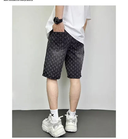 Ccowboy Shorts Men's Summer Workwear Pants Loose Straight Leg Mid Length Pants Elastic Waist American High Street Trendy Shorts