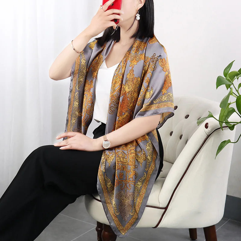 ELAIFRUIHAO Foulard en soie florale pour femme, hijab, bandana imprimé, grand format, carré, 110 cm, en satin