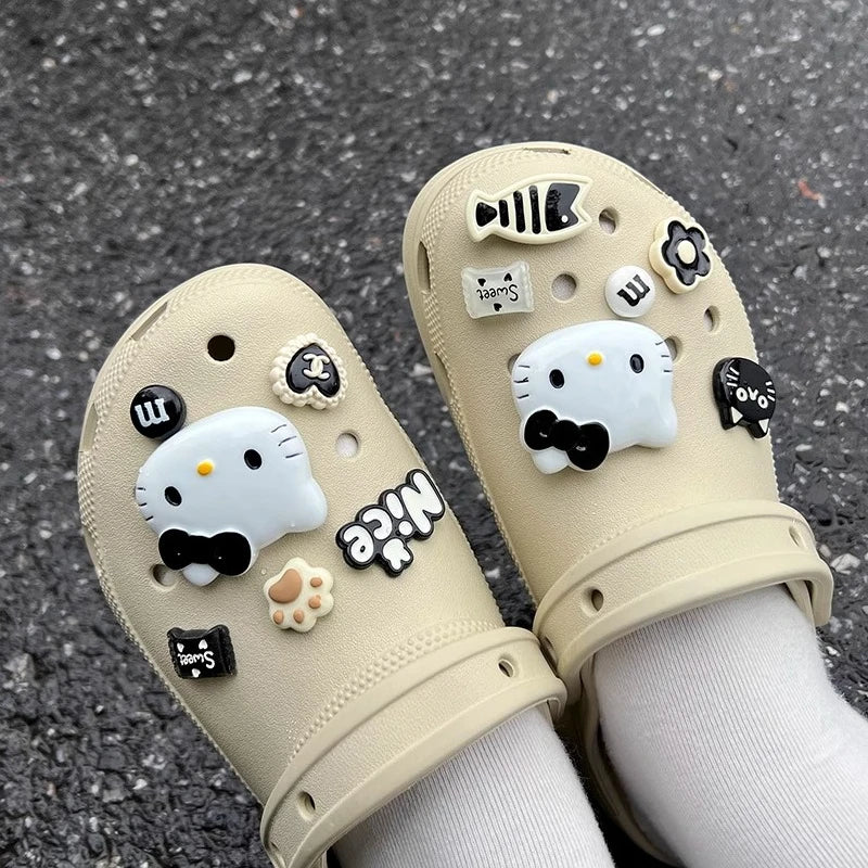 MINISO INS Black & White Series Hello Kitty Cat & Fish Shoe Charms Accessories Women Sandals Decorative Buckle Party Gifts ﻿
