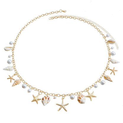 Chaîne de taille bohème d'été, pendentif en forme d'étoile de mer, coquillage, lien de taille ajouré, chaîne de corps pour bikini de plage pour femmes