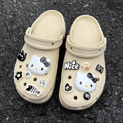 MINISO INS Black & White Series Hello Kitty Cat & Fish Shoe Charms Accessories Women Sandals Decorative Buckle Party Gifts ﻿