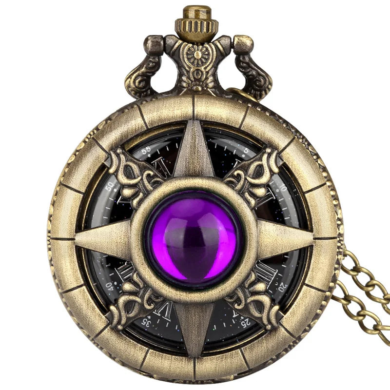 Exquisite Emerald-green Stone Bronze Case Quartz Pocket Watch Simple White Dial Chain Clock Necklace Pendant Watch for Men Women