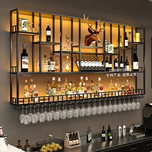 Customized: bar counter wine cabinet against the wall, hanging shelves, industrial style bar, wrought iron display stand,