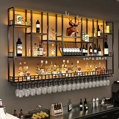 Customized: bar counter wine cabinet against the wall, hanging shelves, industrial style bar, wrought iron display stand,