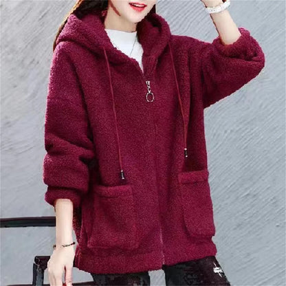 Women Fleece Hooded Sweater Solid Lamb Cashmere Cardigan Jacket Coat Ladies Casual Plush Autumn Winter Long Sleeve Solid Tops