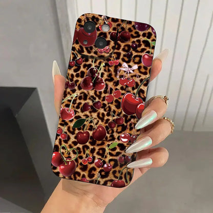 Leopard Cherry Pattern TPU Phone Case For iPhone 16 Cases iPhone 15 14 13 12 11 Pro Max XS X XR 7 8 Plus SE2 Soft Silicone Cover