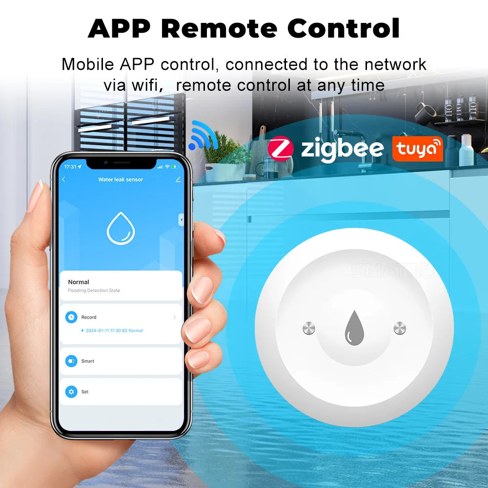 Zigbee Water Sensor Tuya Leak Flood Detector App Remote Monitoring for Kitchen/Bathroom Support Home Assistant
