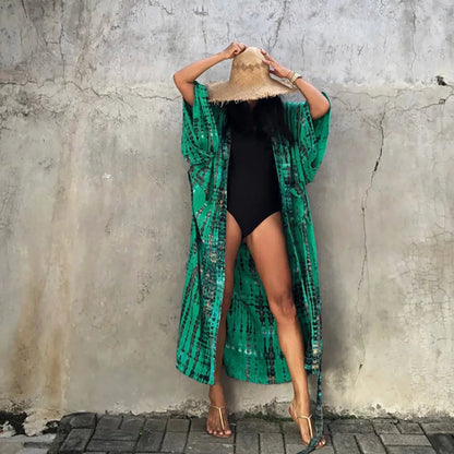 2023 Women Swimsuit Pareo Beachwear Boho Striped Print with Belt Short Sleeve Tunic Cardigan Summer Sexy Kimono Bikini Cover Up
