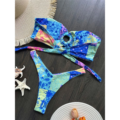 Sexy Colorful Floral Printed Bandeau Bikini Female Swimsuit Women Swimwear Two-pieces Bikini set Bather Bathing Suit Swim K6137