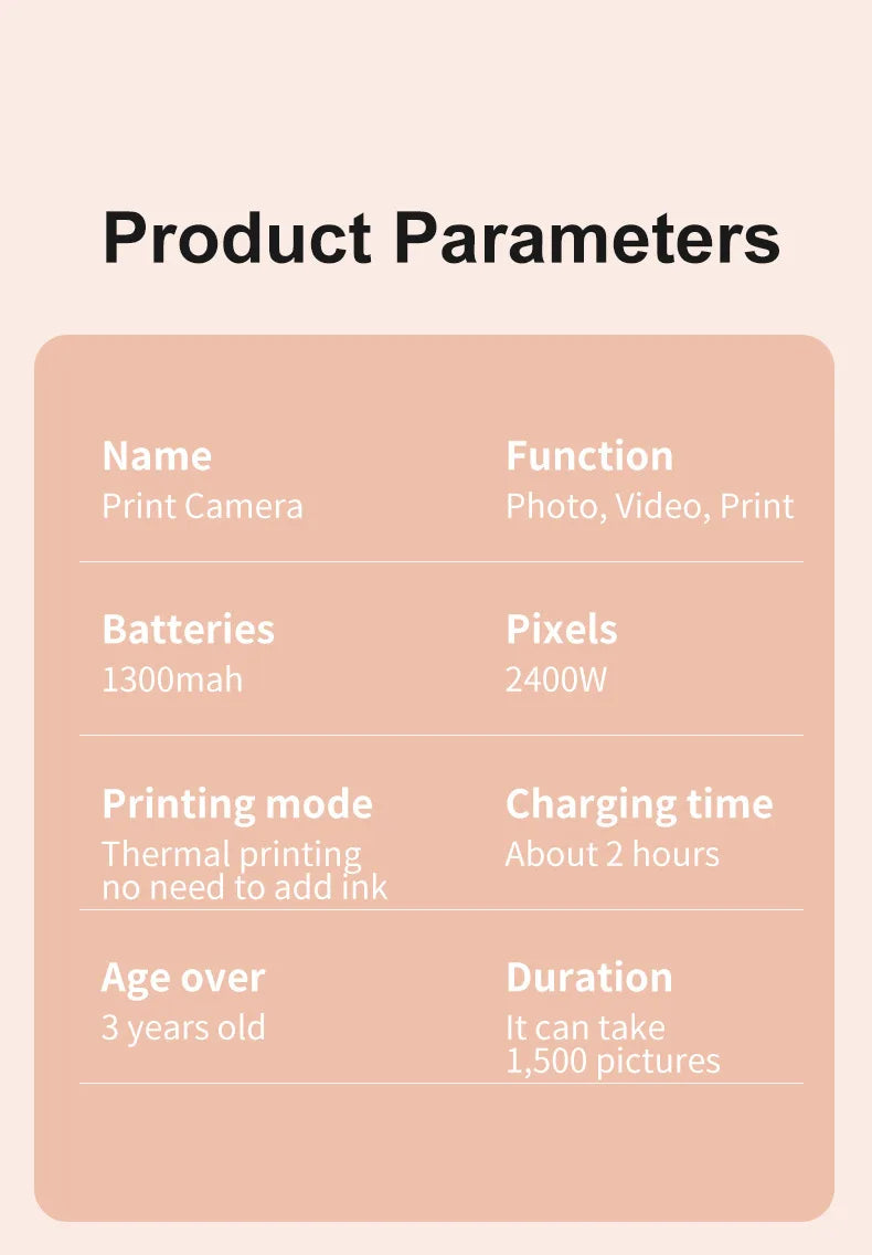 Kids Instant Print Camera Mini Digital Camera Photography Video Camera Toys Inkless Printing Thermal Print Camera for Girls Boys