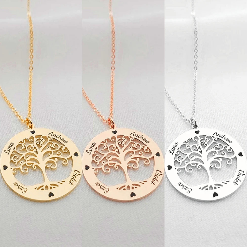 Custom Family Names Necklace Stainless Steel Personalized Name Pendant Tree Of Life 1-5 Names Birthstone For Women Birthday Gift