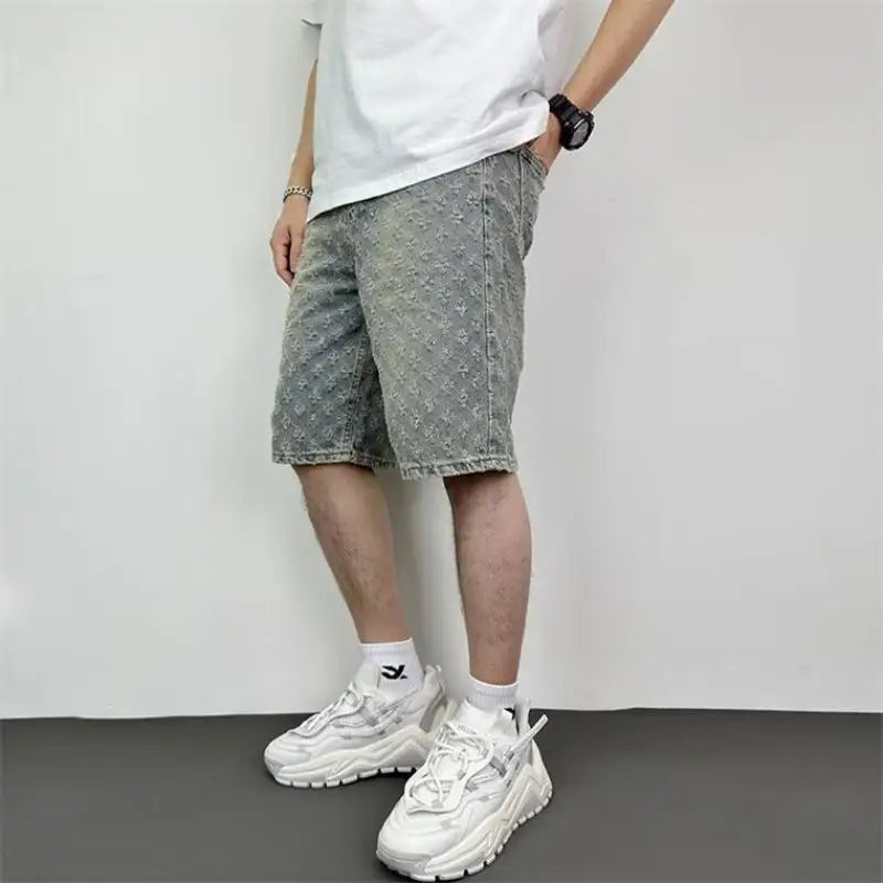 Ccowboy Shorts Men's Summer Workwear Pants Loose Straight Leg Mid Length Pants Elastic Waist American High Street Trendy Shorts