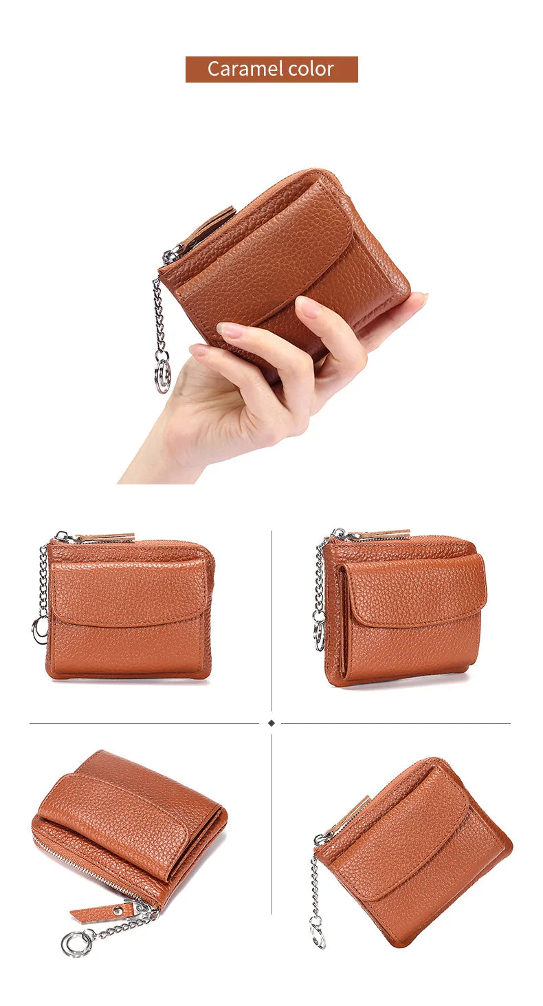 2023 New Genuine Leather Women Mini Wallet Ladies Short Wallets and Purses Zipper Leather Coin Purse Keychain Coins Pocket Bag