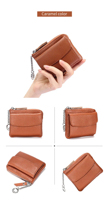 2023 New Genuine Leather Women Mini Wallet Ladies Short Wallets and Purses Zipper Leather Coin Purse Keychain Coins Pocket Bag