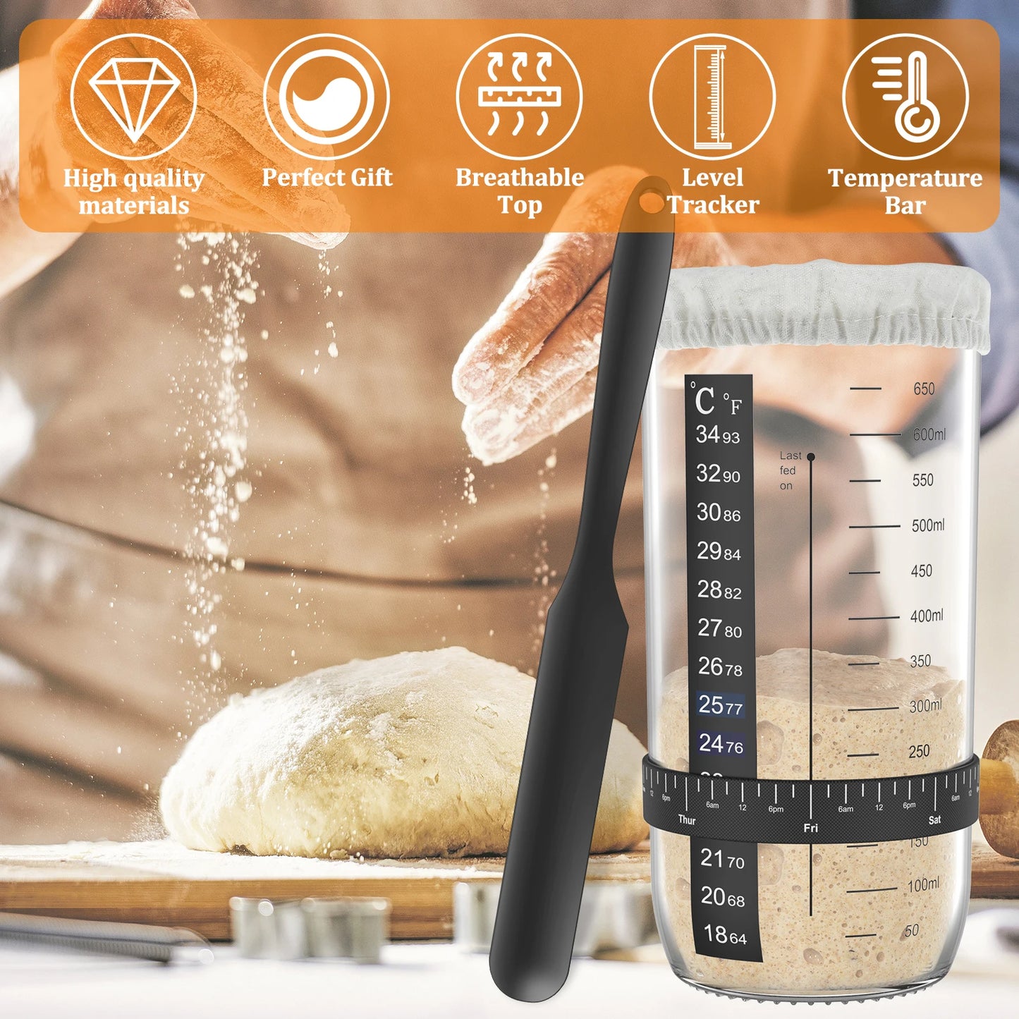 7Pcs Sourdough Starter Kit with Cloth Covers Temperature Date Marked Feeding Bands and Scraper for 3-4 In Jars Baking Supplies